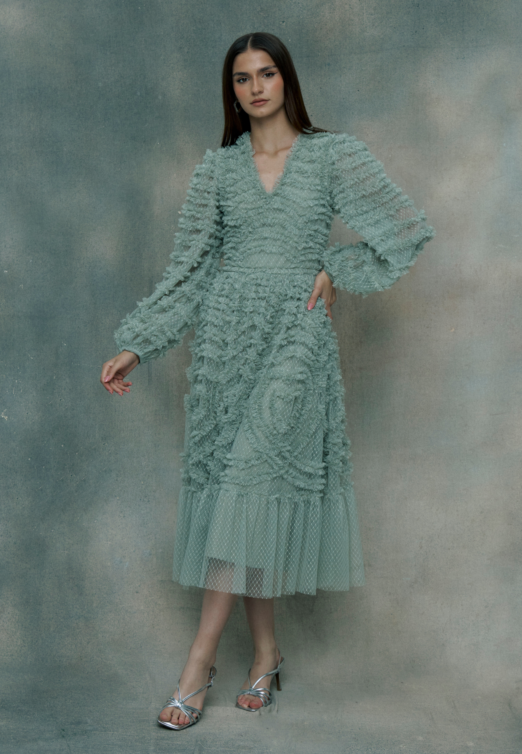 tulle mesh midi dress Surreal Lace-Up Back Tulle Midi Dress Sage