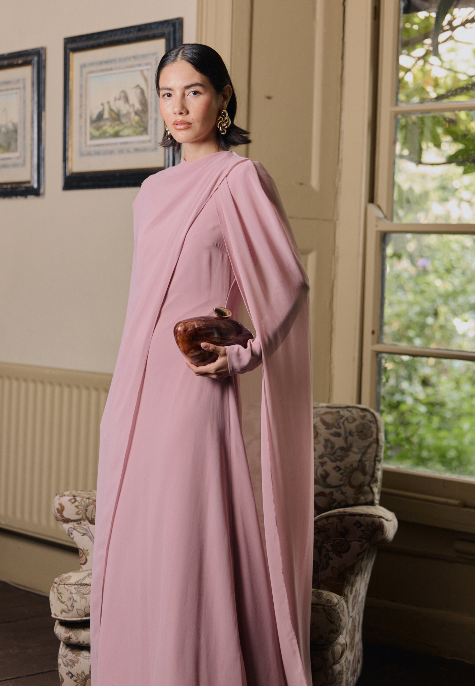 pink modest maxi dress Thread Embroidered Modest Wear Long Dress in Pink 2XL / 52 / Matching Embroidered Scarf (24 X 71 Inches)