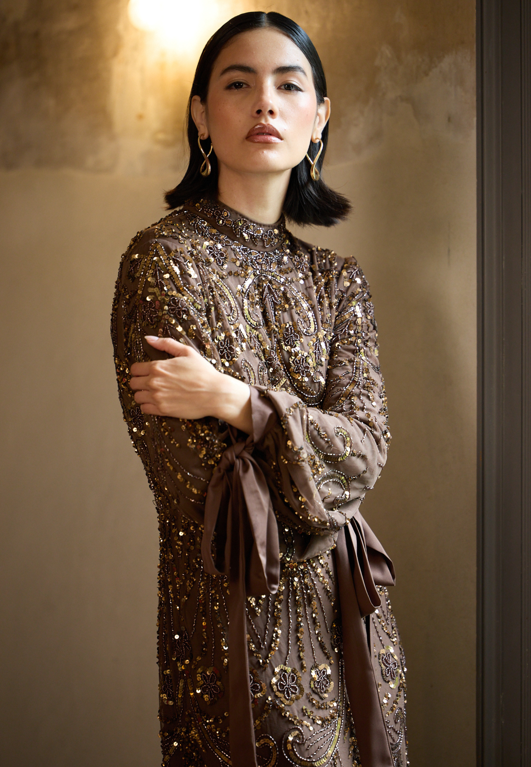 modest gold sequin dress Raisa Modest Embellished Sequin Maxi Dress