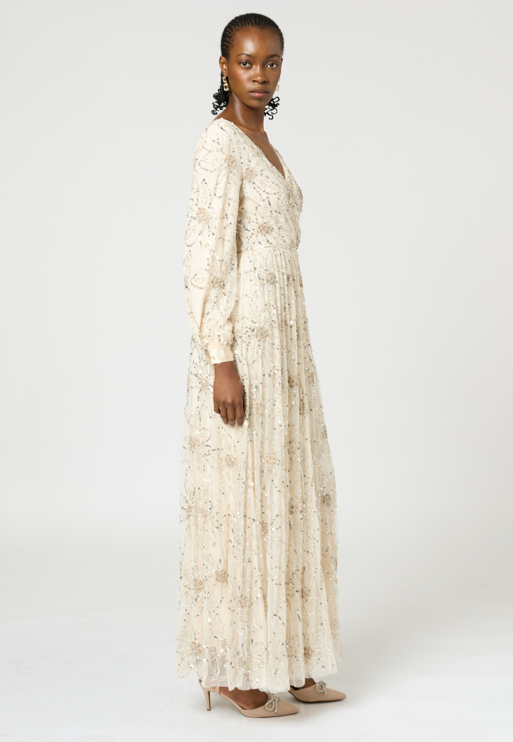 cream sequin dress with sleeves Vintage Sistermax Cream Sequin Cocktail Dress with Matching Belt Selected by The Curatorial Dept