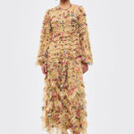 Woman wearing a floral dress on a white background