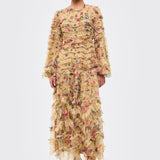Woman wearing a floral dress on a white background